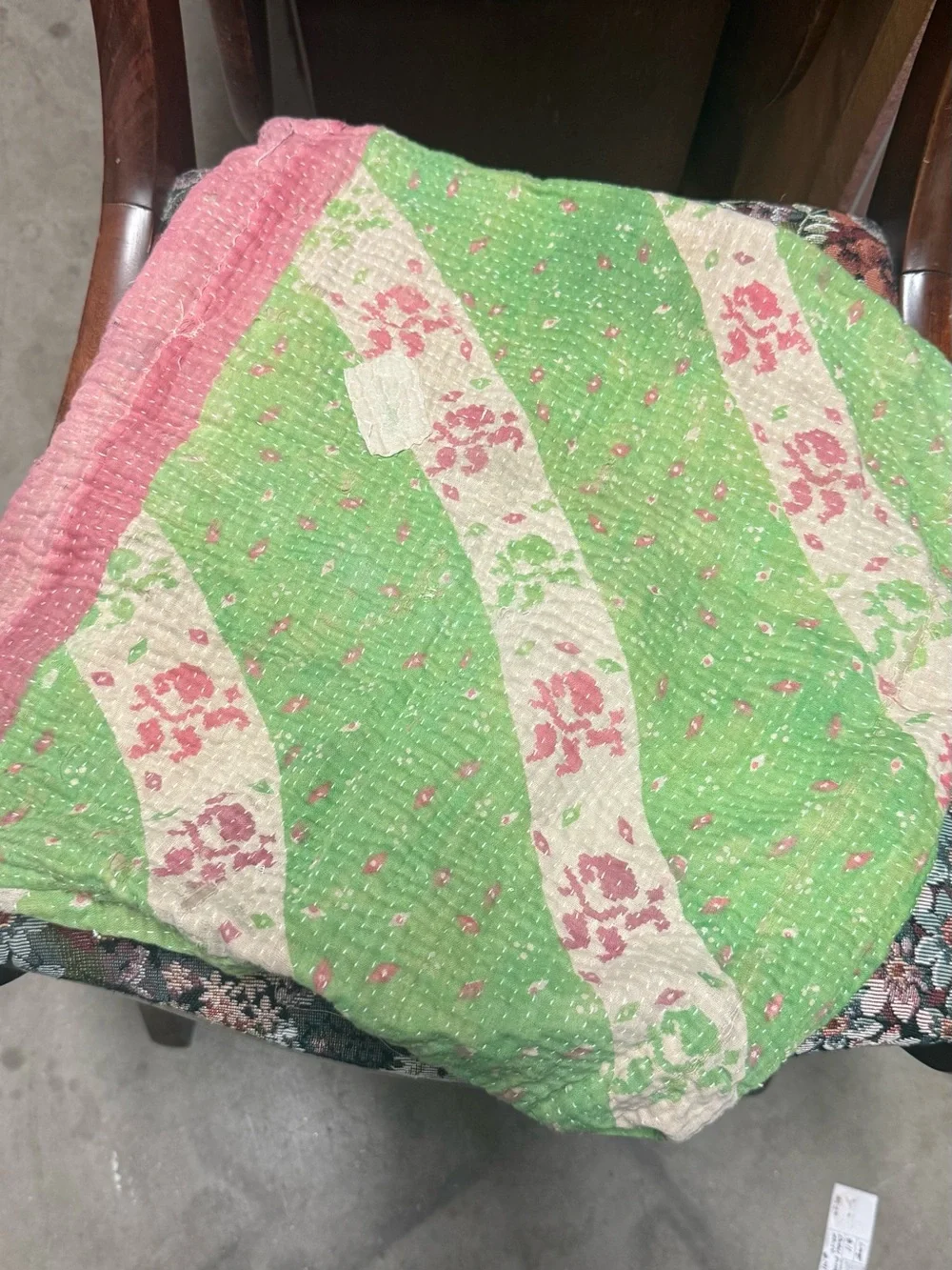 Green Floral Quilted kantha Throw Blanket